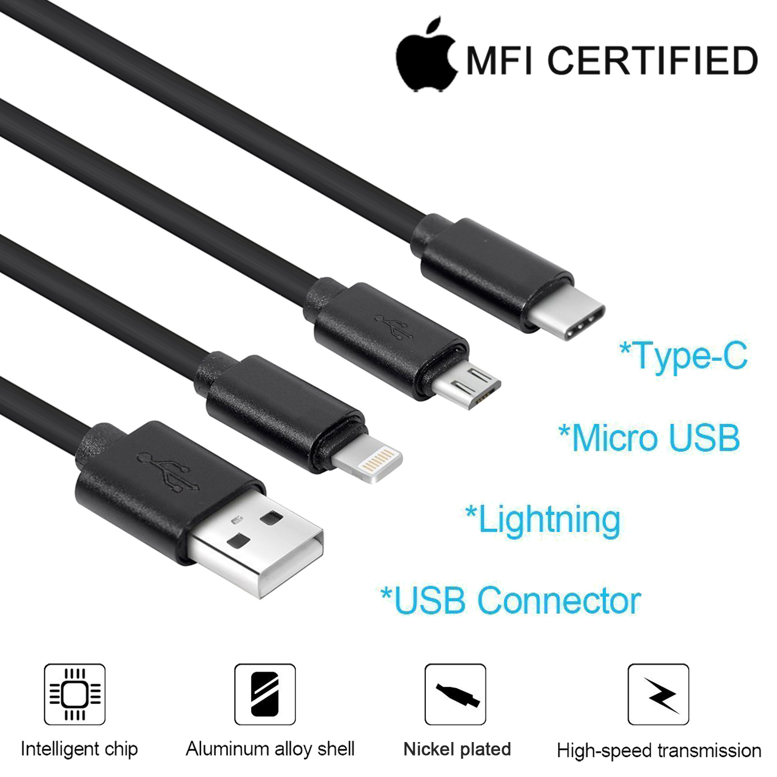 3-IN-1 2.1A USB Charging Cable Micro USB, USB Type C, and iPhone ...